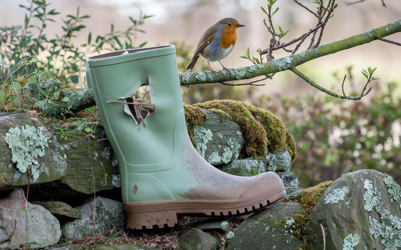 Nistkasten im Garten: Ein alter Gummistiefel kann schon ab Februar ein Rotkehlchen beherbergen